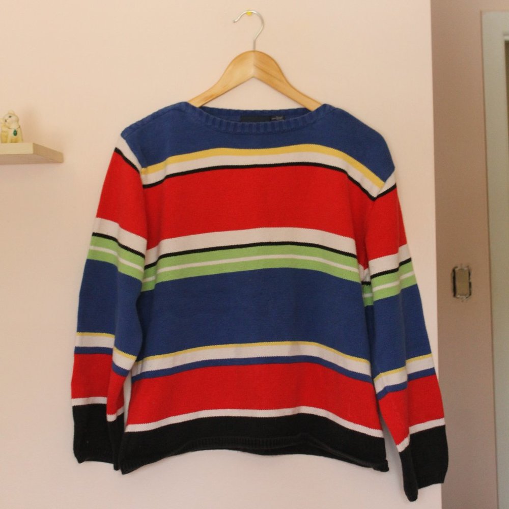 Over-sized multi-coloured striped crewneck sweatshirt (Size Small)
